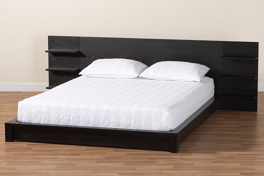Baxton Studio Elina Modern Ebony Black Wood Queen Size Platform Bed with Built-In Shelves