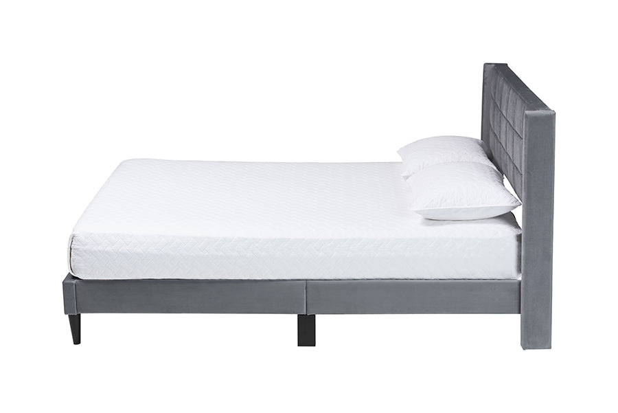 Baxton Studio Payne Modern Glam Grey Velvet and Dark Brown Wood Queen Bed