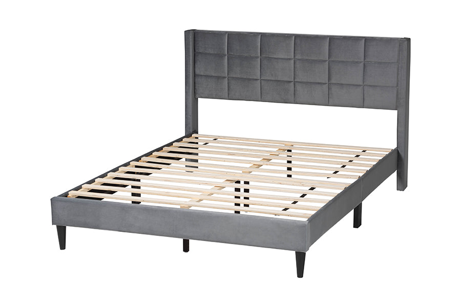 Baxton Studio Payne Modern Glam Grey Velvet and Dark Brown Wood Queen Bed