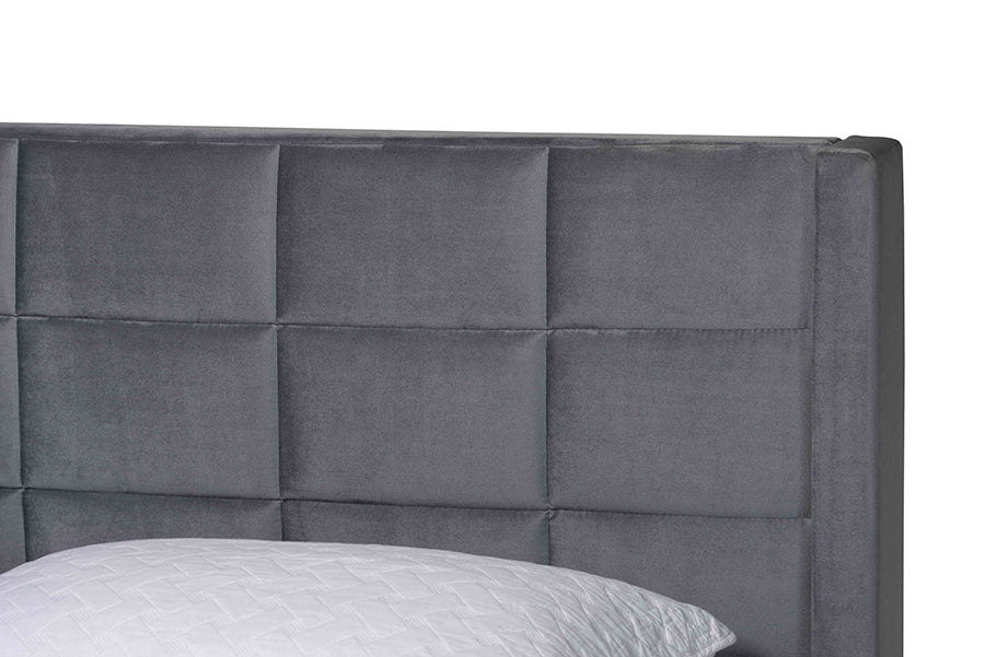 Baxton Studio Payne Modern Glam Grey Velvet and Dark Brown Wood Queen Bed