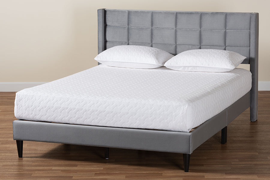 Baxton Studio Payne Modern Glam Grey Velvet and Dark Brown Wood Queen Bed