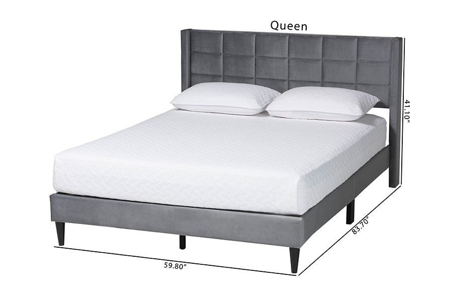 Baxton Studio Payne Modern Glam Grey Velvet and Dark Brown Wood Queen Bed
