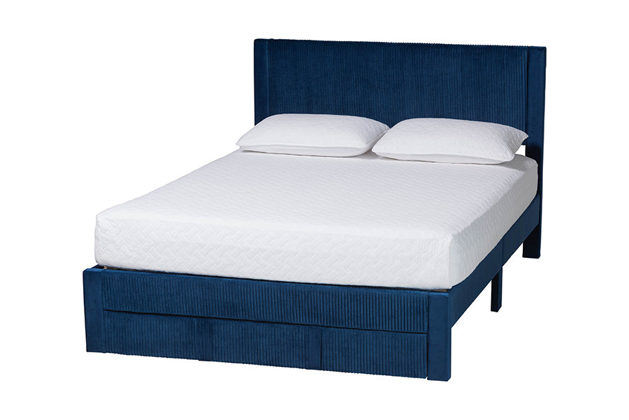 Baxton Studio Elora Modern Navy Blue Pleated Velvet Queen Size Storage Bed