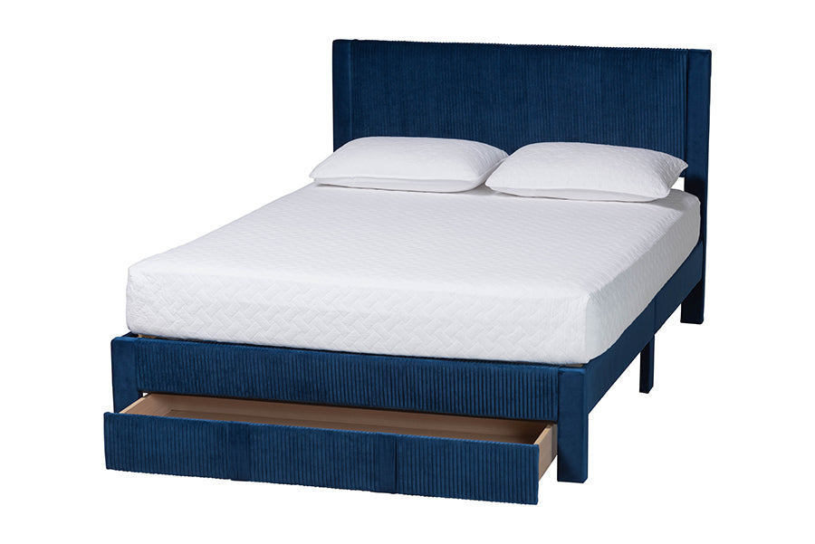 Baxton Studio Elora Modern Navy Blue Pleated Velvet Queen Size Storage Bed