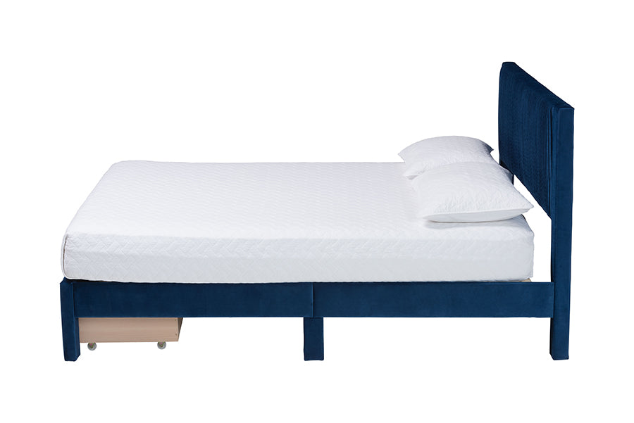Baxton Studio Elora Modern Navy Blue Pleated Velvet Queen Size Storage Bed