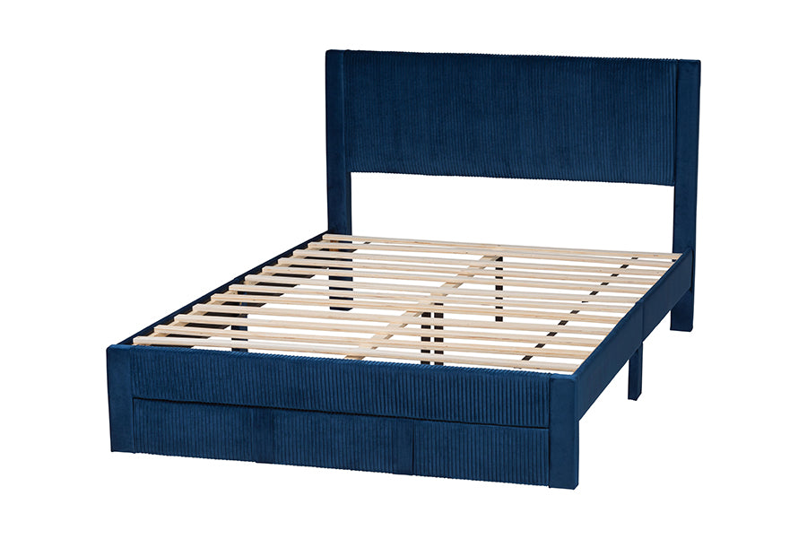 Baxton Studio Elora Modern Navy Blue Pleated Velvet Queen Size Storage Bed