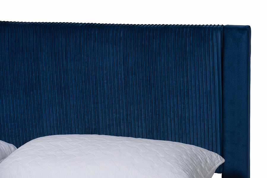 Baxton Studio Elora Modern Navy Blue Pleated Velvet Queen Size Storage Bed