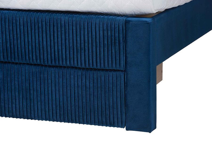 Baxton Studio Elora Modern Navy Blue Pleated Velvet Queen Size Storage Bed