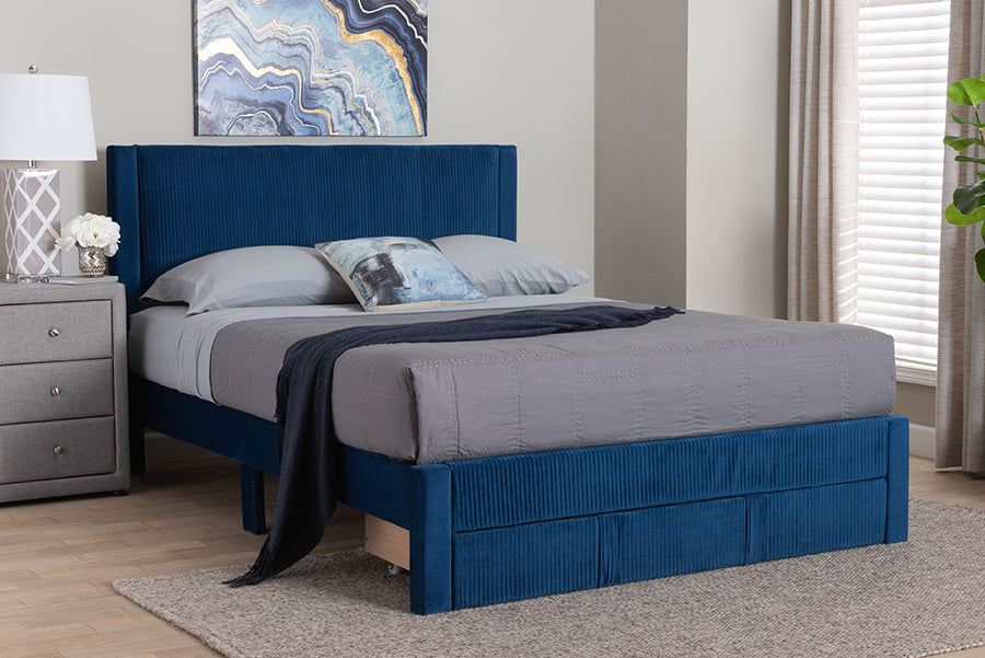 Baxton Studio Elora Modern Navy Blue Pleated Velvet Queen Size Storage Bed
