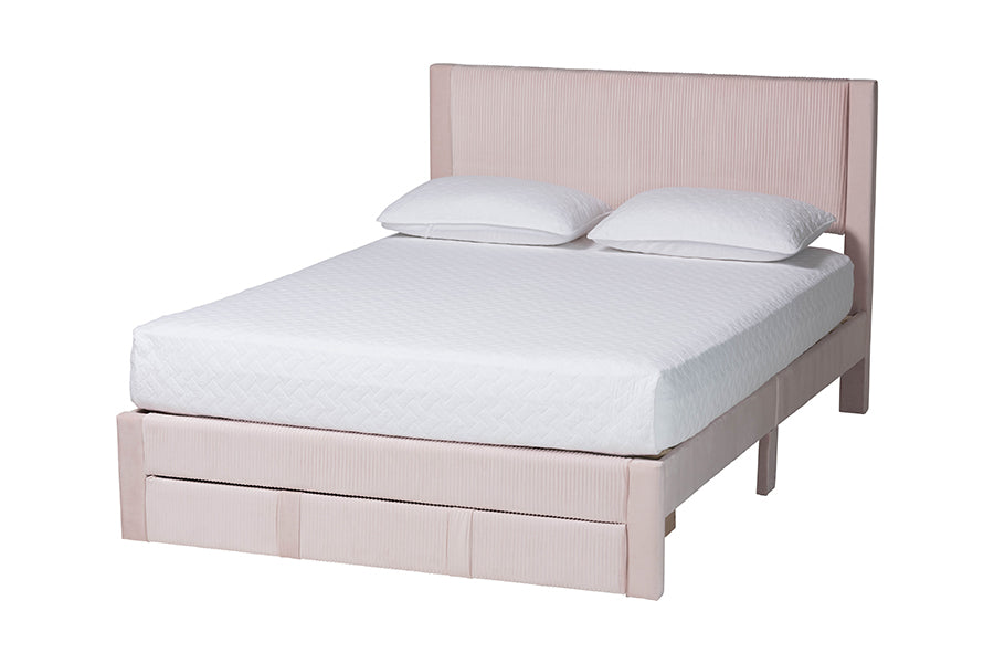 Baxton Studio Elora Modern Light Pink Pleated Velvet Queen Size Storage Bed