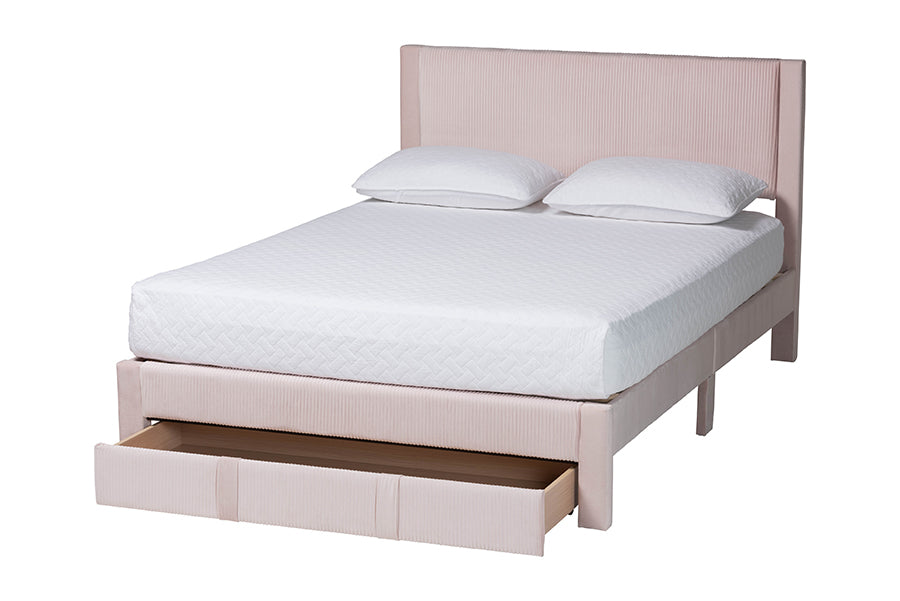 Baxton Studio Elora Modern Light Pink Pleated Velvet Queen Size Storage Bed