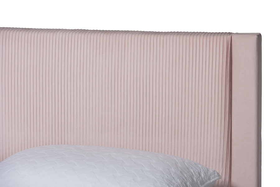 Baxton Studio Elora Modern Light Pink Pleated Velvet Queen Size Storage Bed