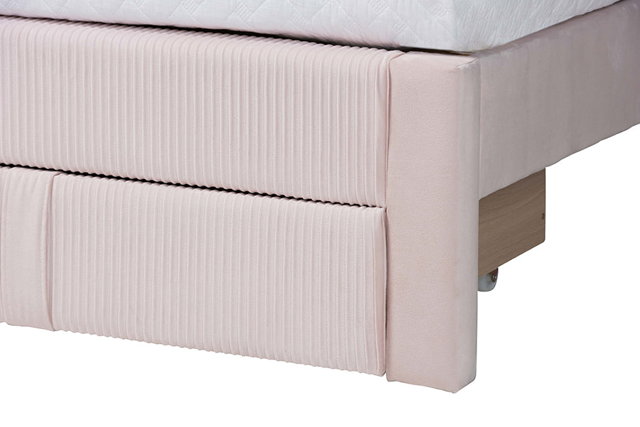 Baxton Studio Elora Modern Light Pink Pleated Velvet Queen Size Storage Bed