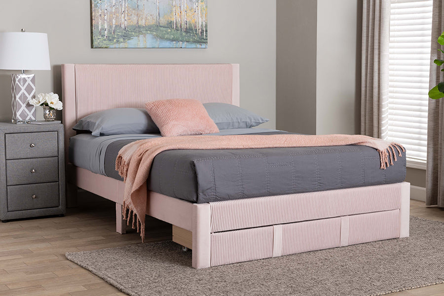 Baxton Studio Elora Modern Light Pink Pleated Velvet Queen Size Storage Bed