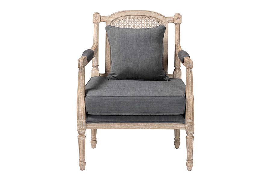 Baxton Studio Clemence French Provincial Grey Fabric Whitewashed Mahogany Wood Armchair