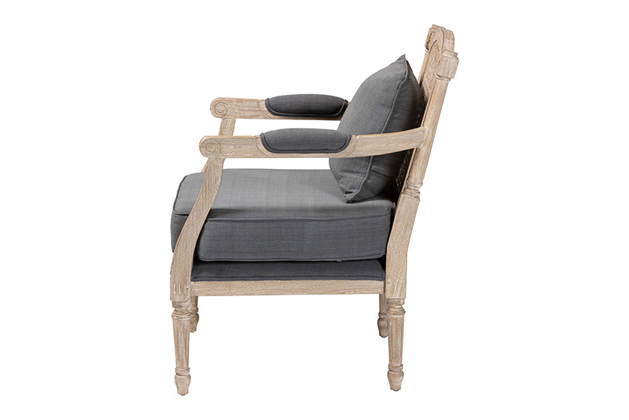 Baxton Studio Clemence French Provincial Grey Fabric Whitewashed Mahogany Wood Armchair
