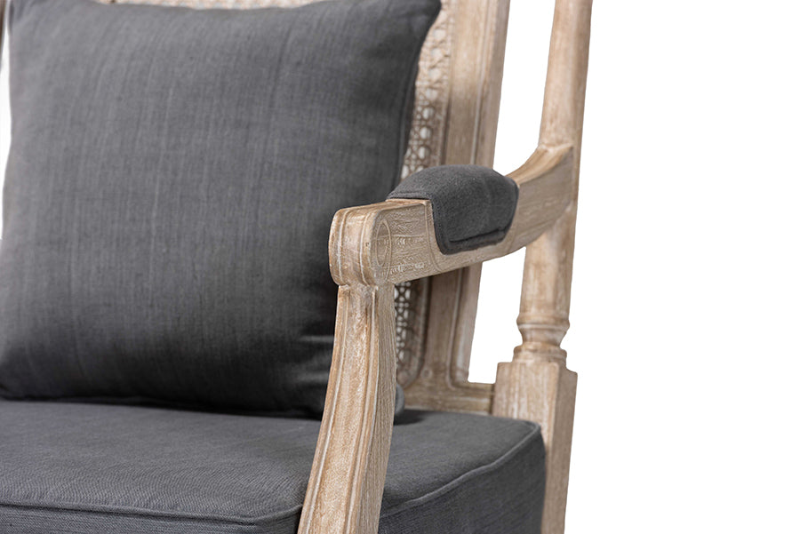 Baxton Studio Clemence French Provincial Grey Fabric Whitewashed Mahogany Wood Armchair