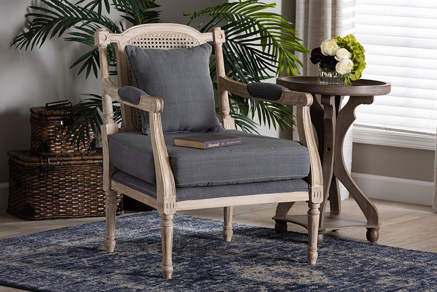 Baxton Studio Clemence French Provincial Grey Fabric Whitewashed Mahogany Wood Armchair