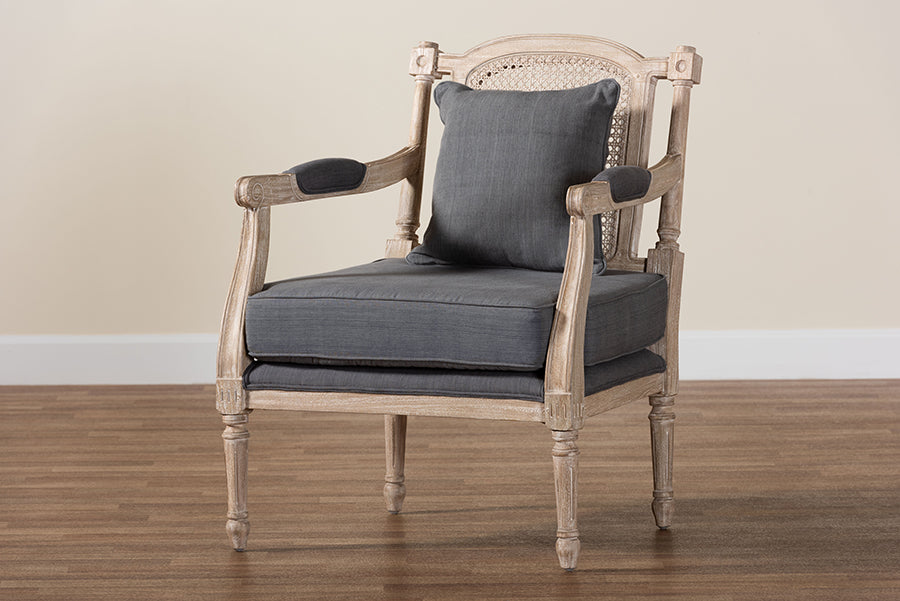 Baxton Studio Clemence French Provincial Grey Fabric Whitewashed Mahogany Wood Armchair