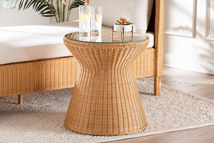 bali & pari Nina Bohemian Light Honey Braided Rattan End Table with Glass Tabletop