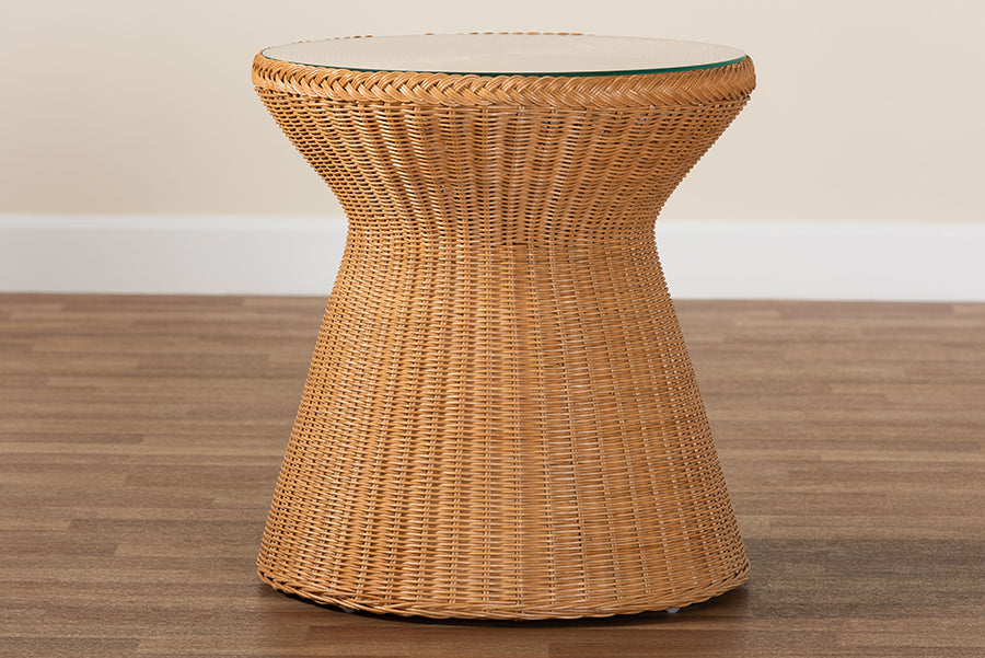 bali & pari Nina Bohemian Light Honey Braided Rattan End Table with Glass Tabletop