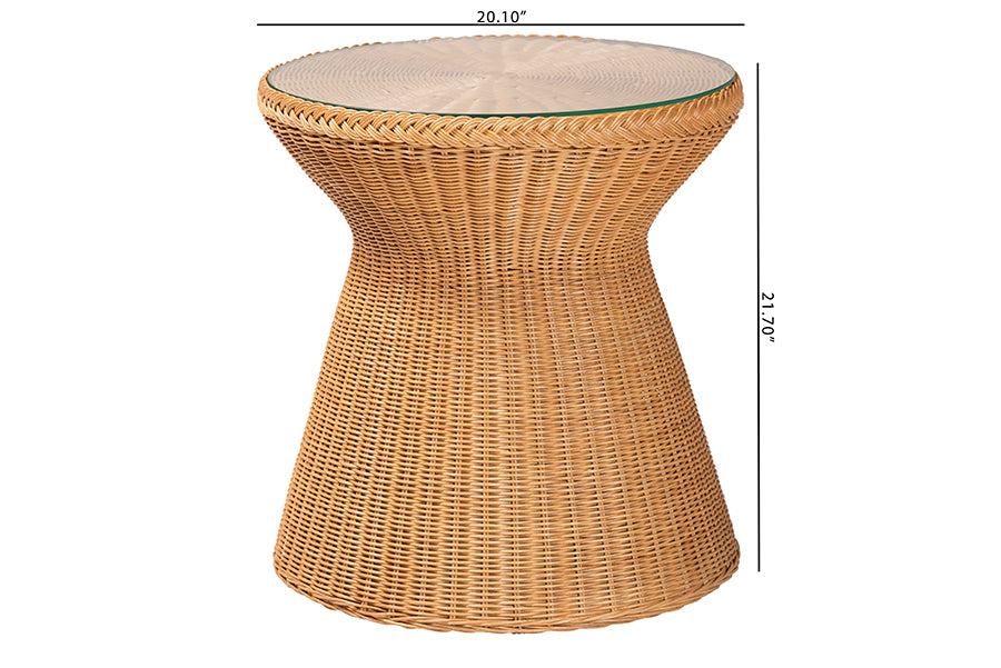 bali & pari Nina Bohemian Light Honey Braided Rattan End Table with Glass Tabletop