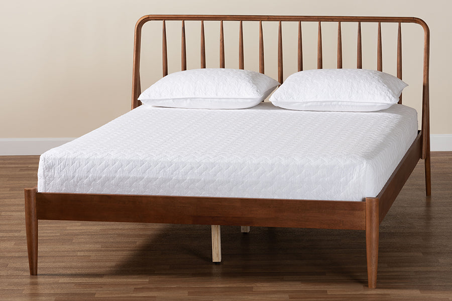 Baxton Studio Maeron Mid-Century Modern Walnut Brown Queen Platform Bed with Spindle Headboard