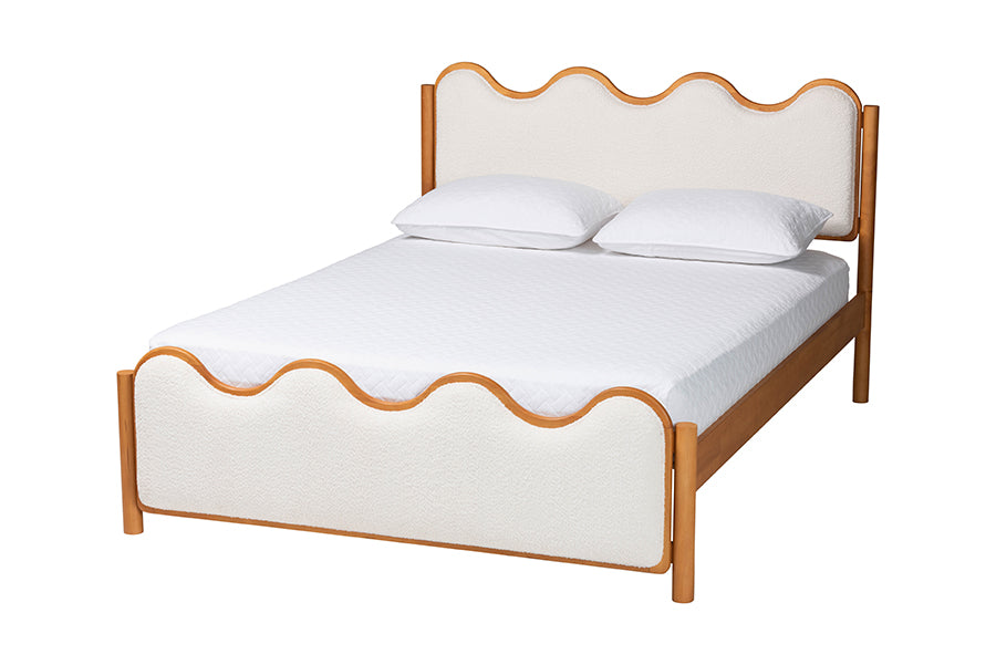 Baxton Studio Lilia Mid-Century Modern Scalloped Cream Boucle and Oak Brown Wood Queen Platform Bed
