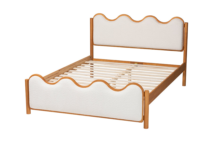 Baxton Studio Lilia Mid-Century Modern Scalloped Cream Boucle and Oak Brown Wood Queen Platform Bed
