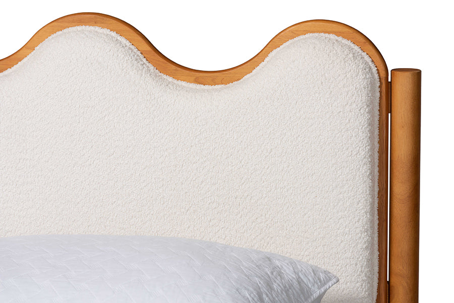 Baxton Studio Lilia Mid-Century Modern Scalloped Cream Boucle and Oak Brown Wood Queen Platform Bed