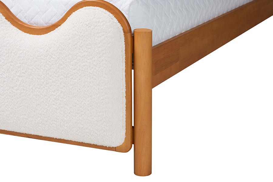 Baxton Studio Lilia Mid-Century Modern Scalloped Cream Boucle and Oak Brown Wood Queen Platform Bed