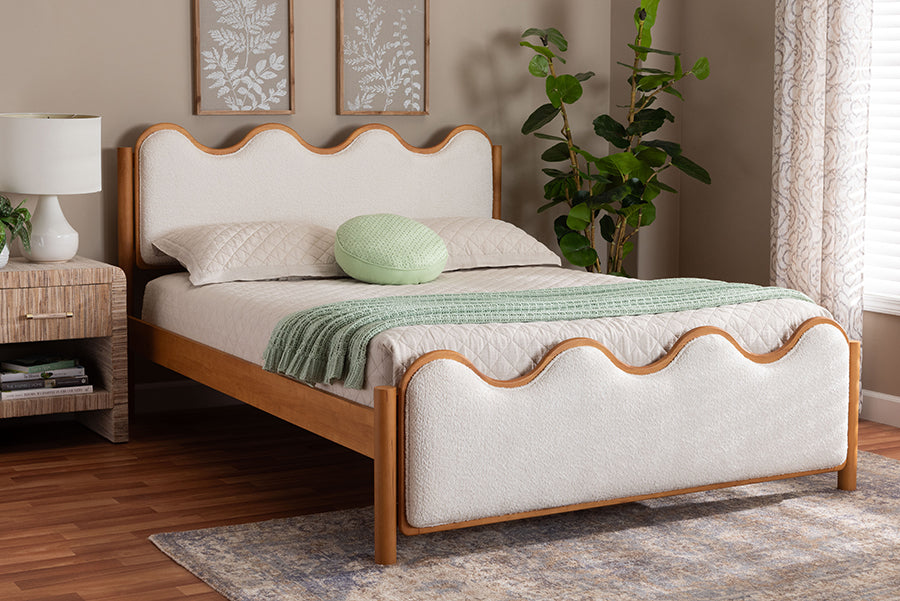 Baxton Studio Lilia Mid-Century Modern Scalloped Cream Boucle and Oak Brown Wood Queen Platform Bed