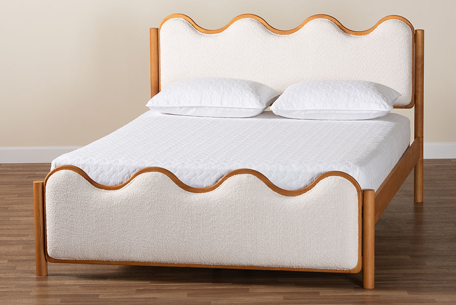 Baxton Studio Lilia Mid-Century Modern Scalloped Cream Boucle and Oak Brown Wood Queen Platform Bed
