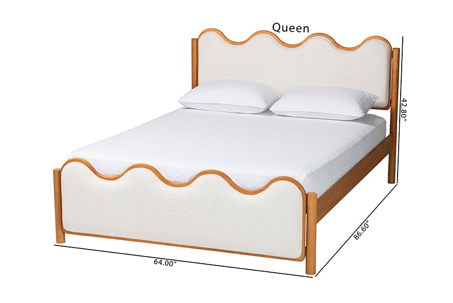 Baxton Studio Lilia Mid-Century Modern Scalloped Cream Boucle and Oak Brown Wood Queen Platform Bed