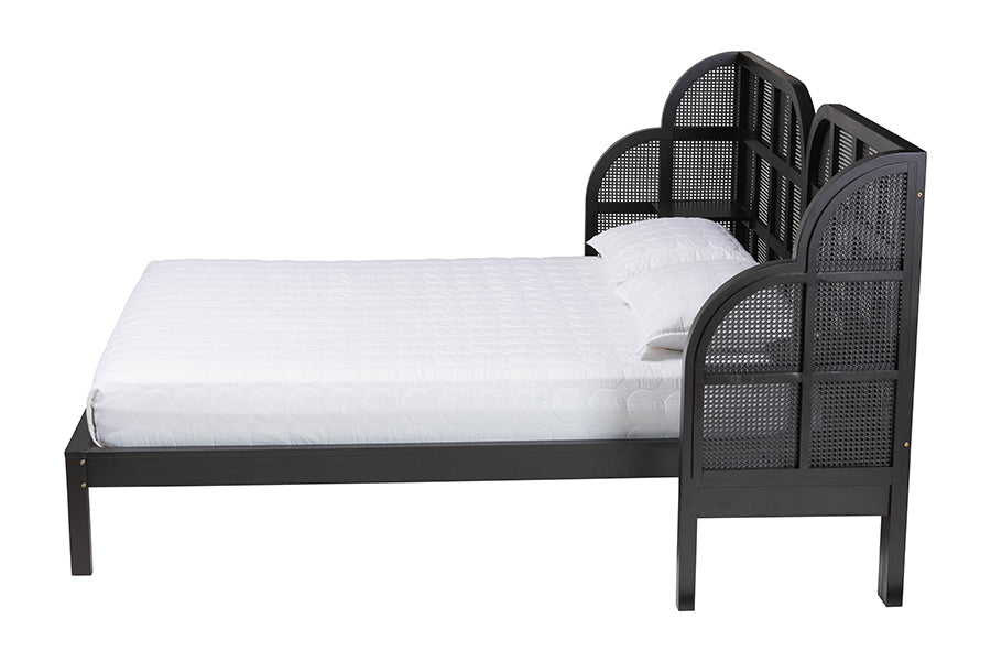 Baxton Studio Cascadia Mid-Century Modern Ebony Black Wood Queen Size Wingback Platform Bed