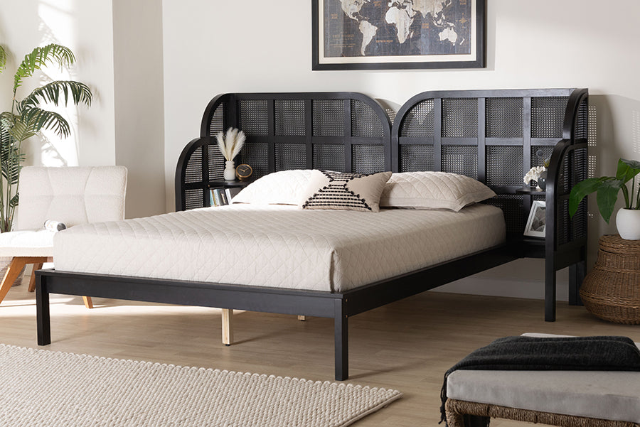 Baxton Studio Cascadia Mid-Century Modern Ebony Black Wood Queen Size Wingback Platform Bed
