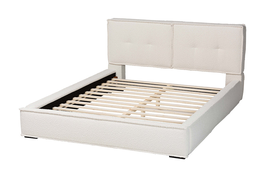 Baxton Studio Laverick Modern Cream Boucle Queen Platform Bed with Border Piping