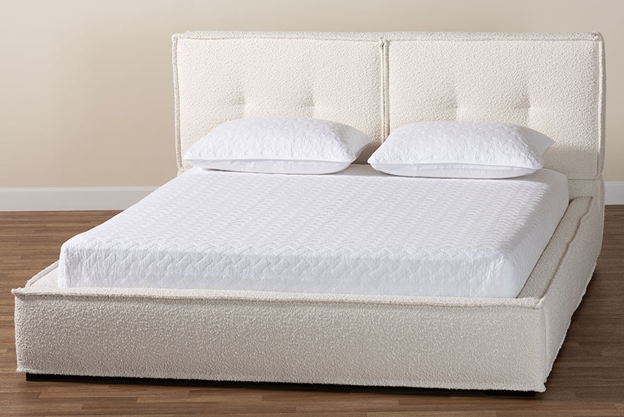 Baxton Studio Laverick Modern Cream Boucle Queen Platform Bed with Border Piping