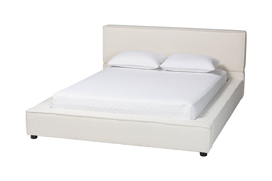 Baxton Studio Bardia Modern Cream Boucle Queen Platform Bed with Wide Railing