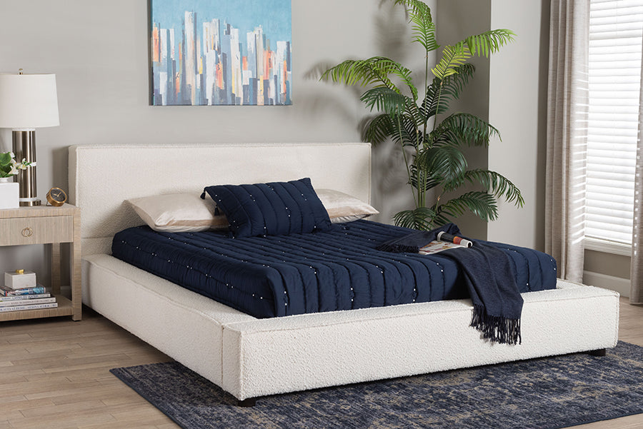 Baxton Studio Bardia Modern Cream Boucle Queen Platform Bed with Wide Railing