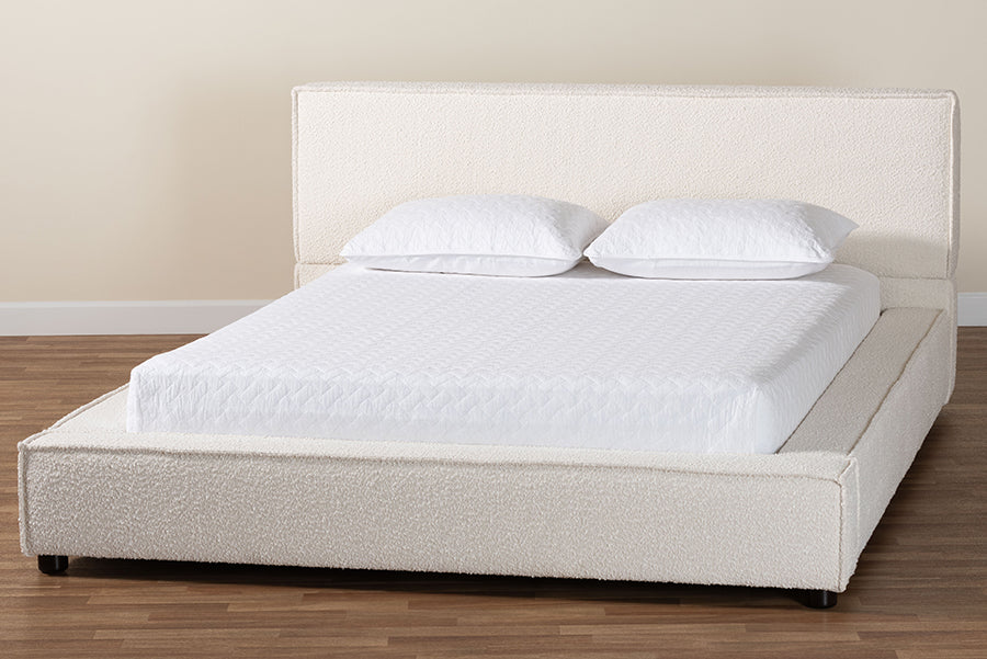 Baxton Studio Bardia Modern Cream Boucle Queen Platform Bed with Wide Railing