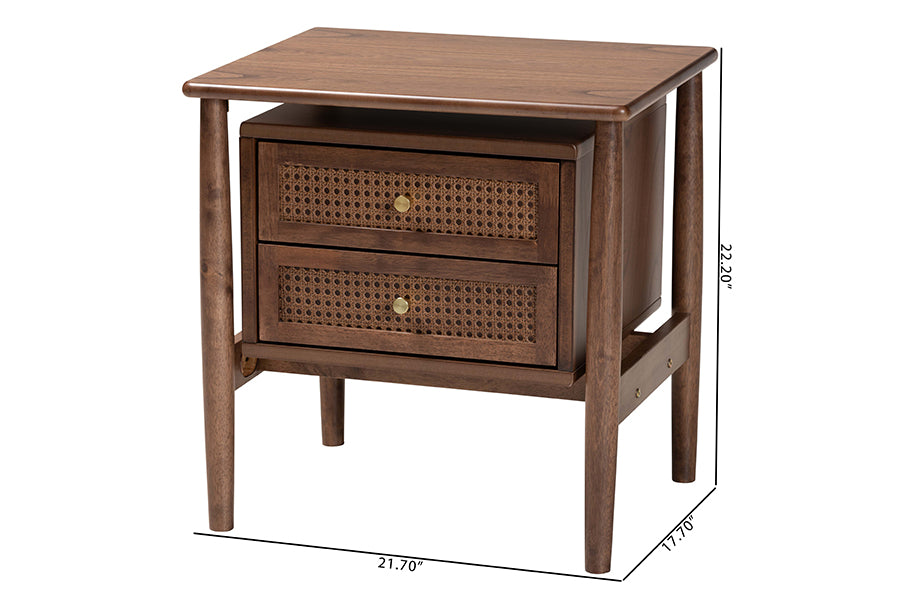 Baxton Studio Alyssa Japandi Walnut Brown Wood 2-Drawer Nightstand Woven with Rattan