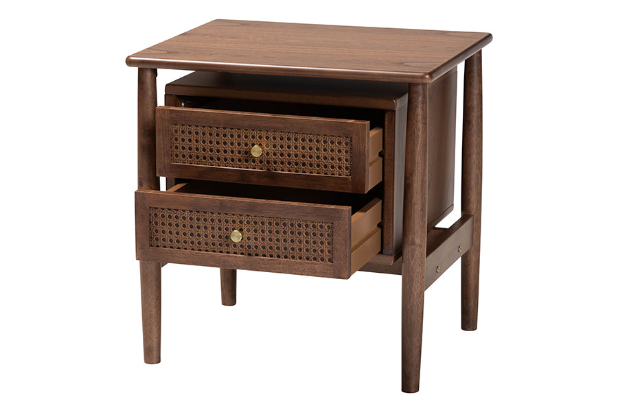 Baxton Studio Alyssa Japandi Walnut Brown Wood 2-Drawer Nightstand Woven with Rattan