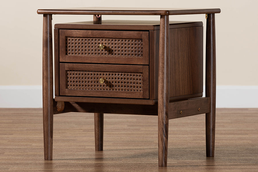 Baxton Studio Alyssa Japandi Walnut Brown Wood 2-Drawer Nightstand Woven with Rattan