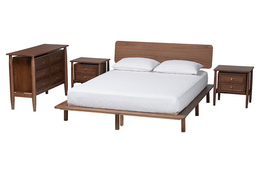 Baxton Studio Alyssa Japandi Walnut Brown Wood King Size 4-Piece Bedroom Set