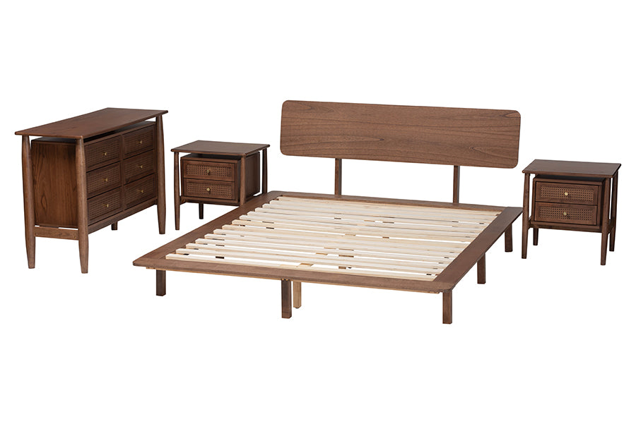 Baxton Studio Alyssa Japandi Walnut Brown Wood King Size 4-Piece Bedroom Set