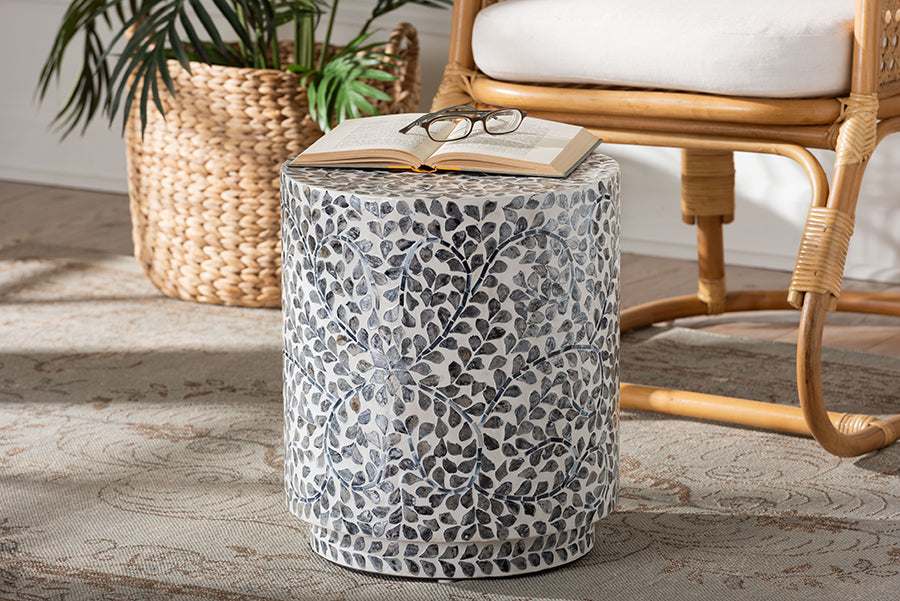 bali & pari Marilla Coastal Black and White Mother of Pearl Capiz Shell Ottoman Footstool