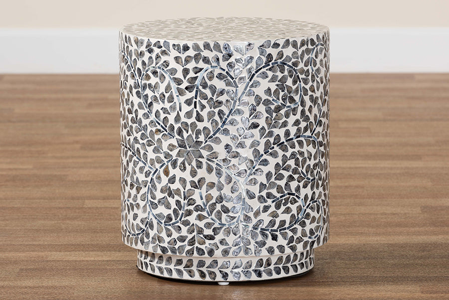 bali & pari Marilla Coastal Black and White Mother of Pearl Capiz Shell Ottoman Footstool