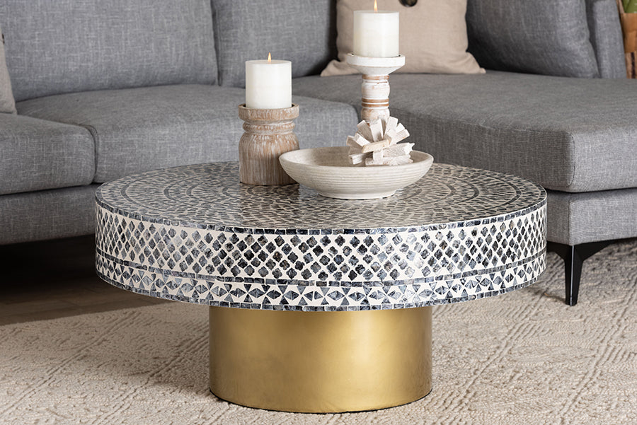 bali & pari Idra Coastal Black and White Mother of Pearl Capiz Shell Coffee Table