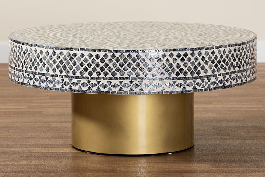 bali & pari Idra Coastal Black and White Mother of Pearl Capiz Shell Coffee Table